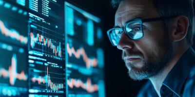 A financial expert uses a computer to review investment strategies and market projections photo