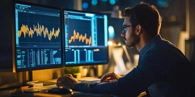 A financial expert uses a computer to review investment strategies and market projections photo
