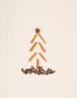 Christmas tree made of coffee beans, cinnamon sticks and star anise on pastel cream background. Minimal Christmas and New Year concept. Creative festive holiday layout. Flat lay. photo