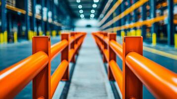 A brightly colored orange safety railing leads through an industrial space, showcasing a spacious warehouse environment with organized shelves. photo
