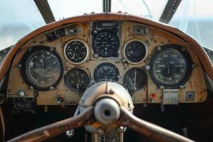 Old airplane cockpit control panel showing flight instruments photo