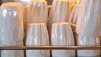 White mugs stacked neatly in a cafe display video