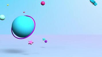 Abstract Colorful geometric shapes 3d animation planets with stars isolated on blue background with copy space for text video