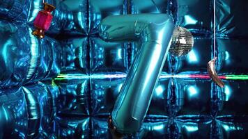 Celebration Atmosphere with Number 7 Foil Balloon and Reflective Disco Balls video