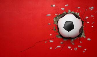 Soccer ball breaks through red concrete wall, concept of power, strength. photo