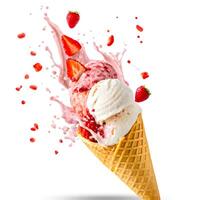 3d cone ice cream splashing isolated white background photo