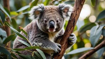 A koala perched on a tree branch amidst lush green leaves. photo