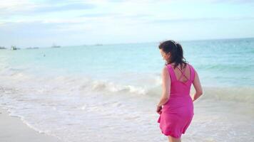 Woman in pink dress walks along the serene beach at sunset, enjoying the gentle waves and ocean breeze video