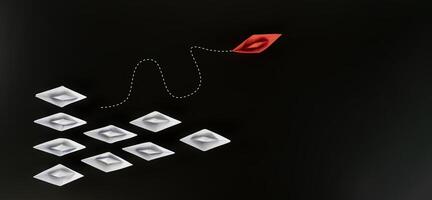 Group of white paper ship in one direction and one red paper ship pointing in different way on black background. photo