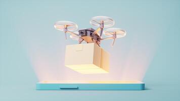 Drone carrying the box on mobile phone, 3d rendering. video
