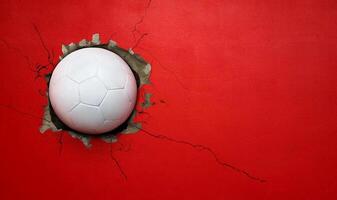 Soccer ball breaks through red concrete wall, concept of power, strength. photo