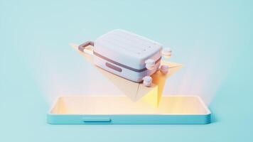 Mobile phone with flying luggage on it, 3d rendering. video