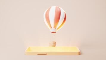 Loop animation of mobile phone with flying hot air balloon on it, 3d rendering. video