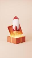 Opening red cartoon style gift box and rocket, 3d rendering. video