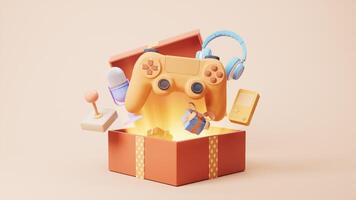 Cartoon style gamepad and gift box, 3d rendering. video