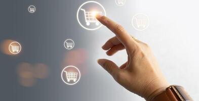 Touch shopping cart icon. Cart Internet Web Store Buy Online E-Commerce concept. photo