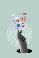 Social media creative concept. Hand hold, poster with like symbols from social networks. Art collage digital photo