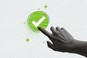 Hand click touch the check mark icon. Concept of planning, approval, voting. Art collage digital pop modern art photo