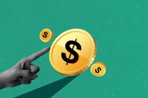 Dollars money coin point touch fingers connection isolated on green background. Art collage digital pop modern art photo