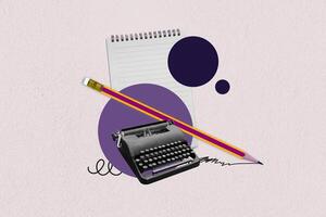 Retro typewriter. Old typewriter with pencil and note paper on purple circle background. Storytelling, creativity and blogging concept. Art collage digital pop modern art photo