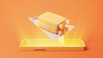 Loop animation of mobile phone with flying luggage on it, 3d rendering. video
