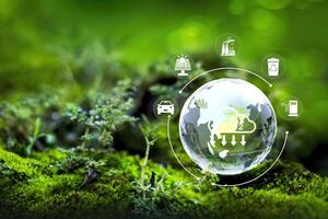 Earth with carbon reduction icon and footprint to limit global warming from climate change, Bio Circular Green Economy concept. photo