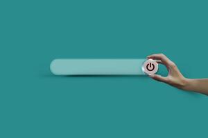 Search bar and hand hold wooden button to turn off, closed, and shut down on green pastel soft background with copy space. Care of the Environment. Earth Day Concept photo