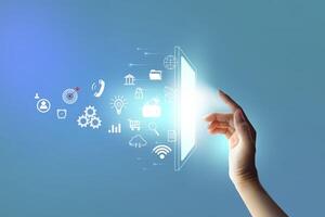 Businessman touching visual screen mobile phone interface icons on strategy, solution analysis and development contents. photo