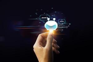 Hand touching digital chatbot for provide access to information and data in online network photo