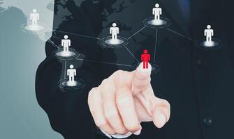 Businessman hand touching future technology social network button photo