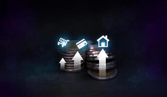 a stack of coins with an arrow pointing up photo