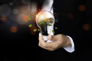 businessman hand holding light bulb with green tree inside, energy saving concept stock photo