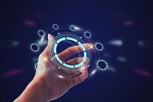 network technology, hologram with light and hand of human with blue and red color glow in sci-fi futuristic concept, particle with digital data, cyber information, science and life, analysis photo