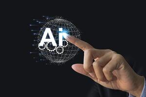 Ai tech, businessman show virtual graphic Global Futuristic technology transformation. photo
