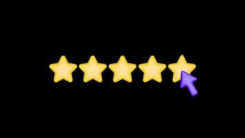 5 star rating emoji animation 4k transparent background. Customer rating feedback or award concept. 3d rendering video