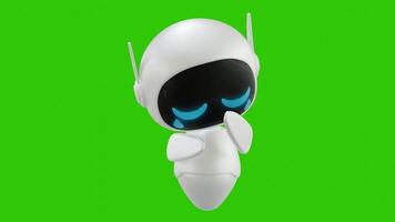 Cute 3D mini Robot character animation with sad and crying movement, while looking down and holding cheek with his hand. Green screen background. Perfect looping. video