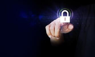 Finger touching Padlock icon on network connection, digital background. photo