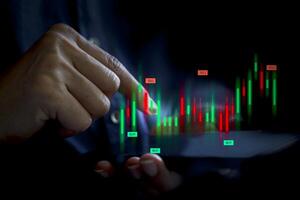 Businessman Hand touching smartphone with virtual increasing technical graph photo