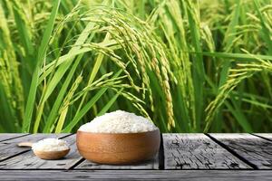 Rice in bowl on wooden table with the rice field background photo