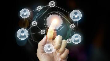 a hand is touching a button with social icons photo