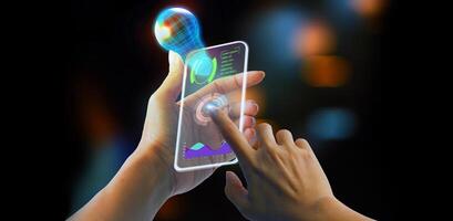 a person holding a smartphone with a glowing screen photo