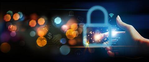 a hand is holding a padlock with a digital image of a screen photo