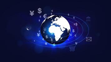 global currency exchange concept with currency symbols and icons on a dark background photo
