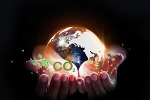 hands holding the earth with co2 symbol, concept of green energy, environmental protection, concept of photo