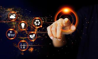 a person is touching a button with icons on it photo