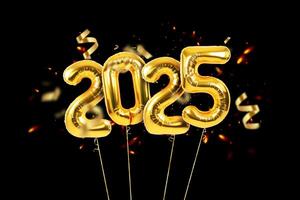 Golden balloons 2025 with golden ribbon with confetti flying on black background, concept. New Year, creative idea card photo
