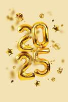Premium golden balloons 2025 with confetti, gifts, pine cones and stars on a beige background. New Year vertical card photo