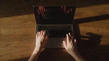 Hands Typing Code on Laptop in Sunlight video