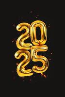 Golden balloons 2025 on black background with sparks. New Year 2025 vertical card photo