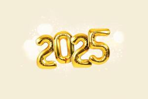 Golden festive balloons 2025 with sparkles and bokeh on beige background. Happy new year card photo